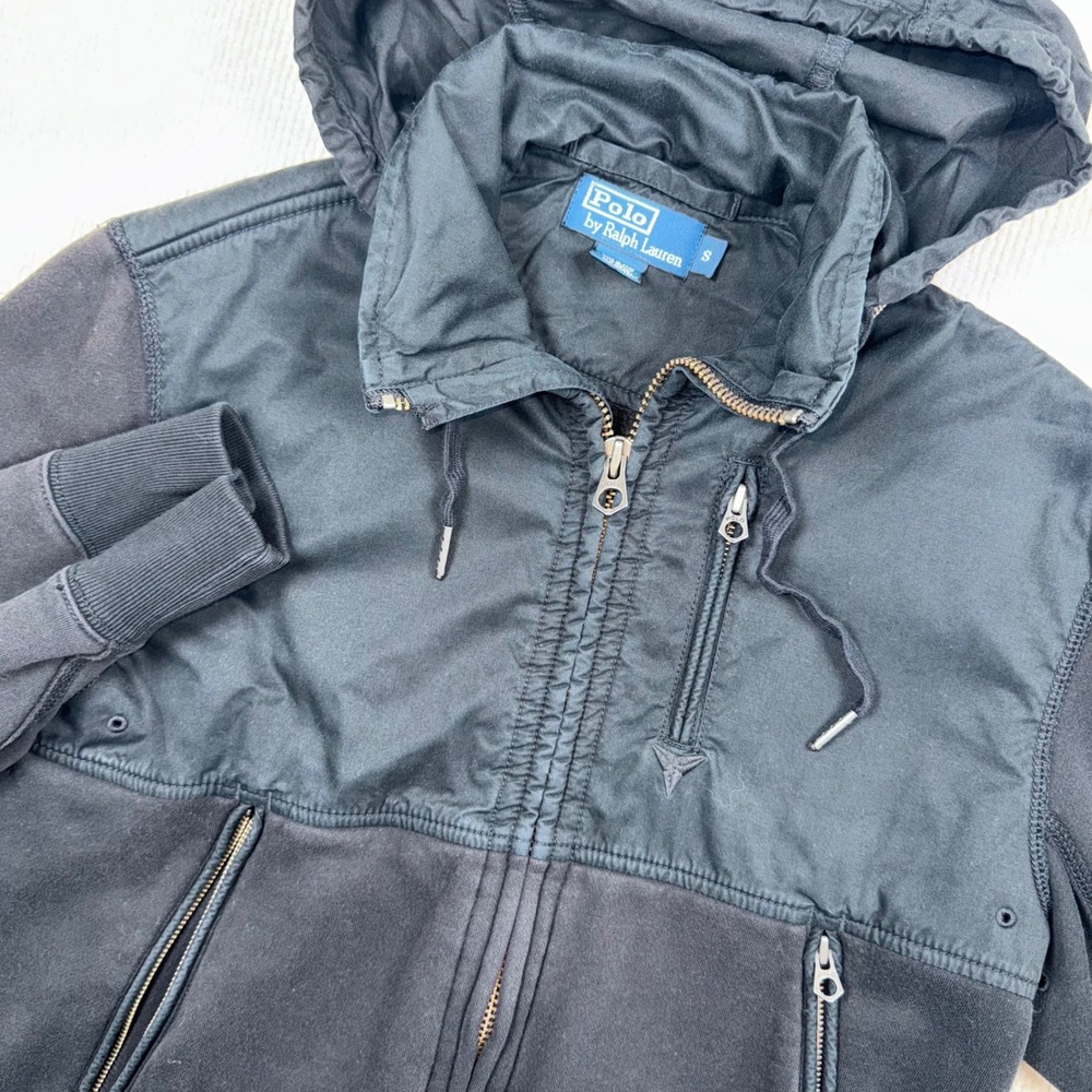 Polo Ralph Lauren Hybrid Hoodie Mens S Black Fleece Zip Jacket Patch